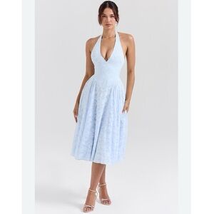 House Of CB Arietta Floral Jacquard Plunge Halter Neck Dress Blue